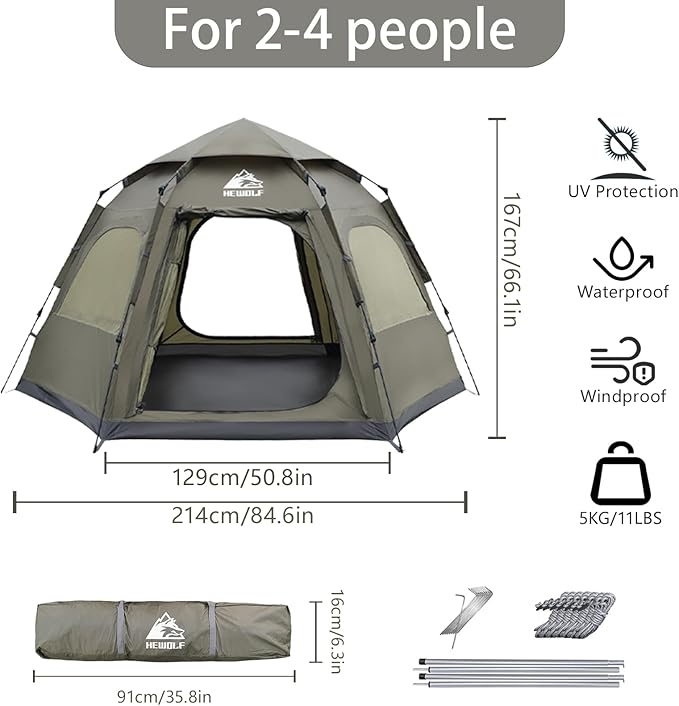Hewolf 2/3/4 Person Camping Tent - Instant Pop Up Waterproof 2 Doors Tent with Easy Setup | 3-Season Hexagonal Dome Design for Family Hiking &amp Traveling