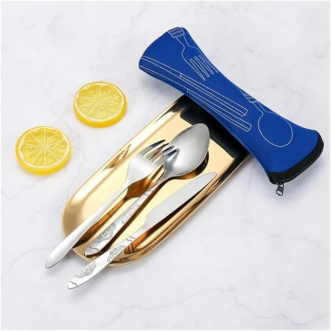 Stainless Steel Travel Cutlery Set with Zipper Case Portable Dishwasher-Safe Utensils for Picnic Camping Household Kitche(Blue set)