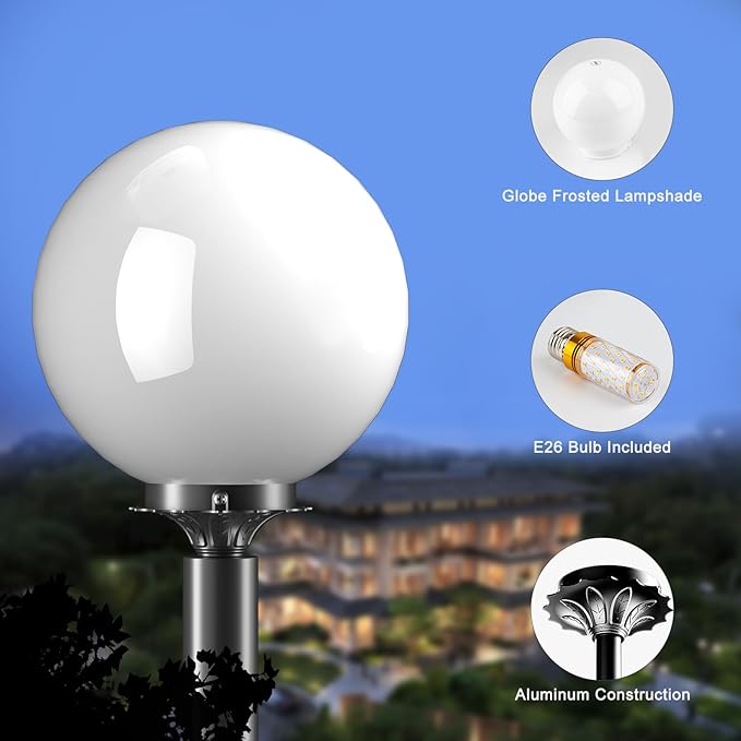 Modern Outdoor Post Lights Globe Street Pole Lights Outdoor for Yard 3000K IP65 Waterproof Heavy-Duty Aluminum Post Lamp Lighting for Garden Driveway (E26 LED Bulbs Included)