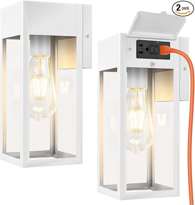 2 Pack Porch Lights Outdoor Wall Sconce Outdoor Light with GFCI Outlet Waterproof Exterior Wall Lantern Light Fixtures Anti-Rust Wall Lamp with Clear Glass for Patio Doorway Garage- White