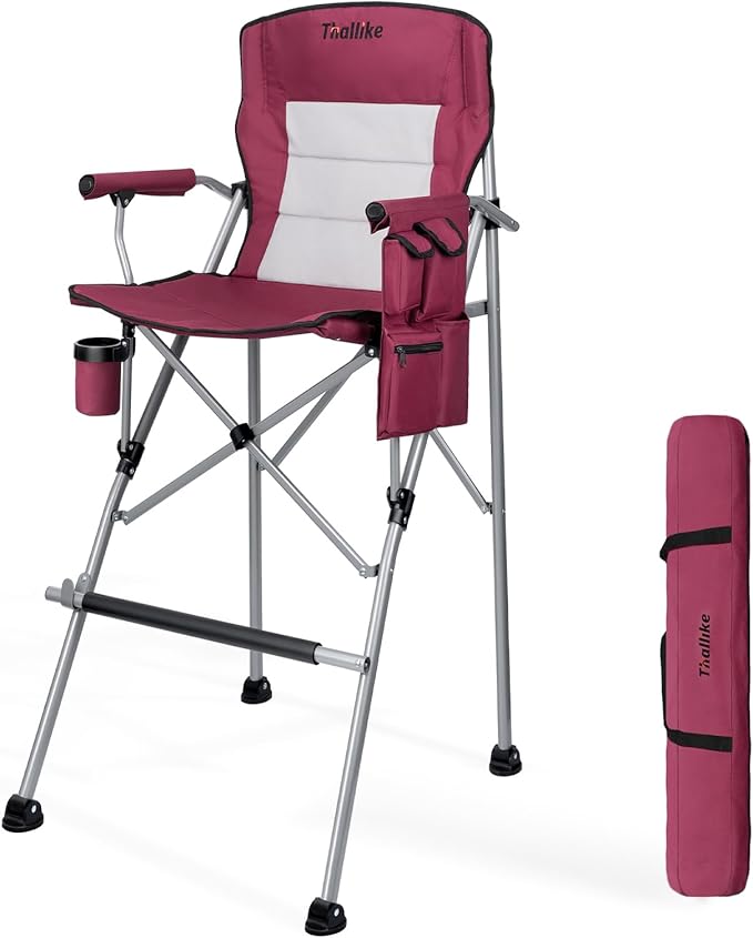 Foldable Directors Makeup Salon High Chair - Portable Camping Bar Height Folding Photoshoot Chairs with Stroage Bag Cup Holder Non-Slip Footrest Supports 400 lbs Red Tall Director Chair