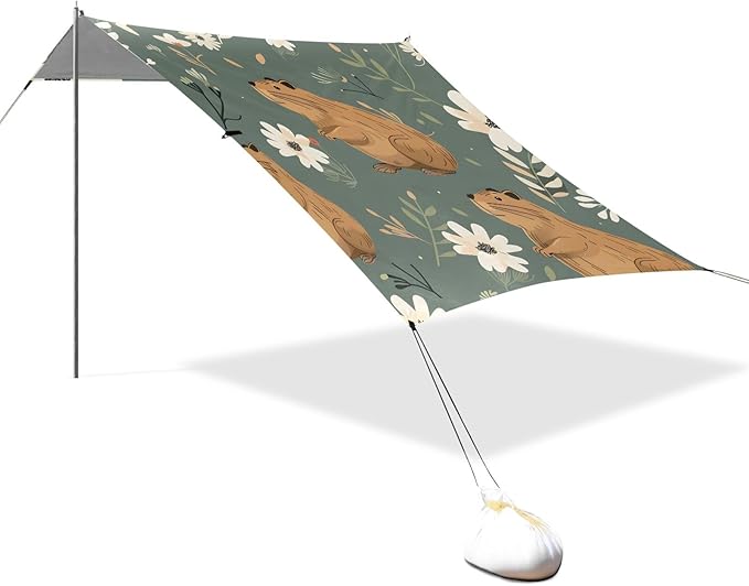 Capybara and White Flowers and Leaves Camping Sun Shelter Beach Tent Portable Beach Sun Shade Outdoor Canopy for Camping Trips Fishing Picnic