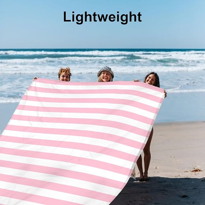 BEW Beach Blanket Sandproof Waterproof Pink Striped Picnic Blanket Extra Large 9 Ft X 10 Ft for 8 Adults with Stakes and Sand Pocket Compact Lightweight Sand Free Beach Mat Essential