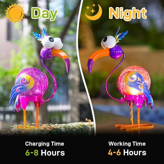 Funny Birds Solar Lanterns Outdoor Waterproof LED Solar Lights Crackle Glass Decorative Crane Tabletop Lantern Garden Yard Art Patio Porch Decor Gift for Women Moms (Purple)