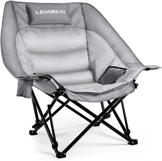 Heavy Duty Camping Chairs - 500lbs Oversized Camping Chair for Adults with 3 Levels Adjustable for Back Padded Folding Wide Outdoor Lawn Chairs with Side Mesh Pocket &amp Cup Holder Grey