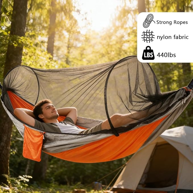Camping Hammock with Mosquito Net - Double &amp Single Portable Hammocks with 2 Tree Straps Lightweight Hammock Tent for Outdoor Camping Hiking Backpacking Beach &amp Backyard (Orange)