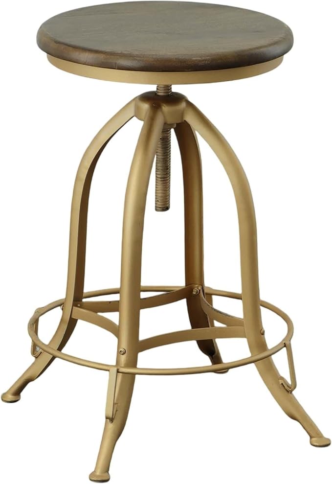 Carolina Chair &amp Table Ryder Adjustable Round Bar Stool - Powder Coated Finish Metal Frame Solid Wooden Seat Swivel Stool - Rustic Style Furniture for Counter Dining Room Kitchen (Elm/Gold)