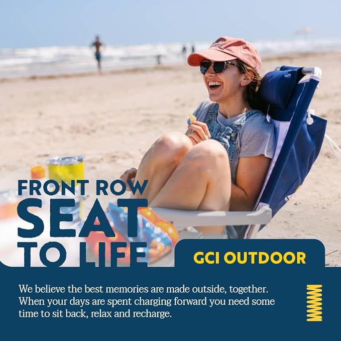 GCI Outdoor Backpack Beach Chair | Reclining Folding Chair with Durable Armrests Drink Holder &amp Carry Straps Perfect for Beach Trips &amp Picnics — Nautical Blue