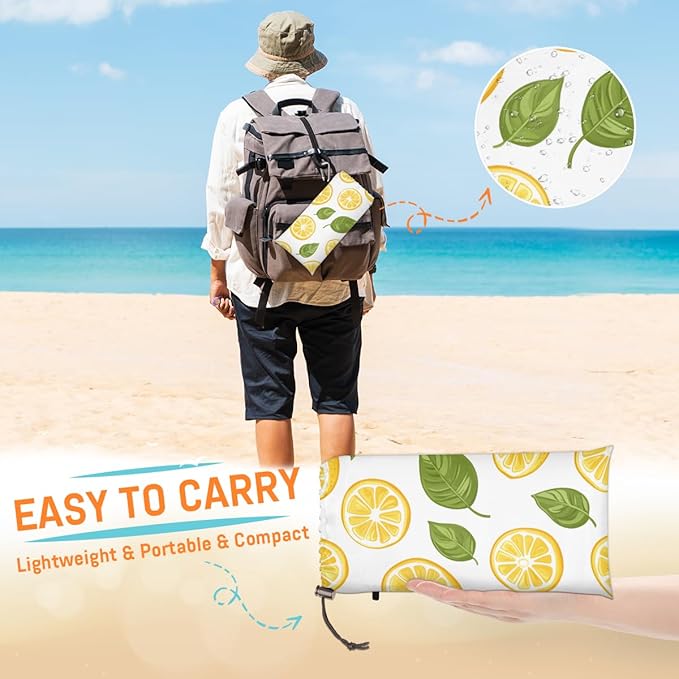 Waterproof Sandproof Beach Blanket 59''×68'' Candy Lemon Polyester Outdoor Picnic Blanket with 4 Stakes &amp Storage Bag for BeachCampingVacation White