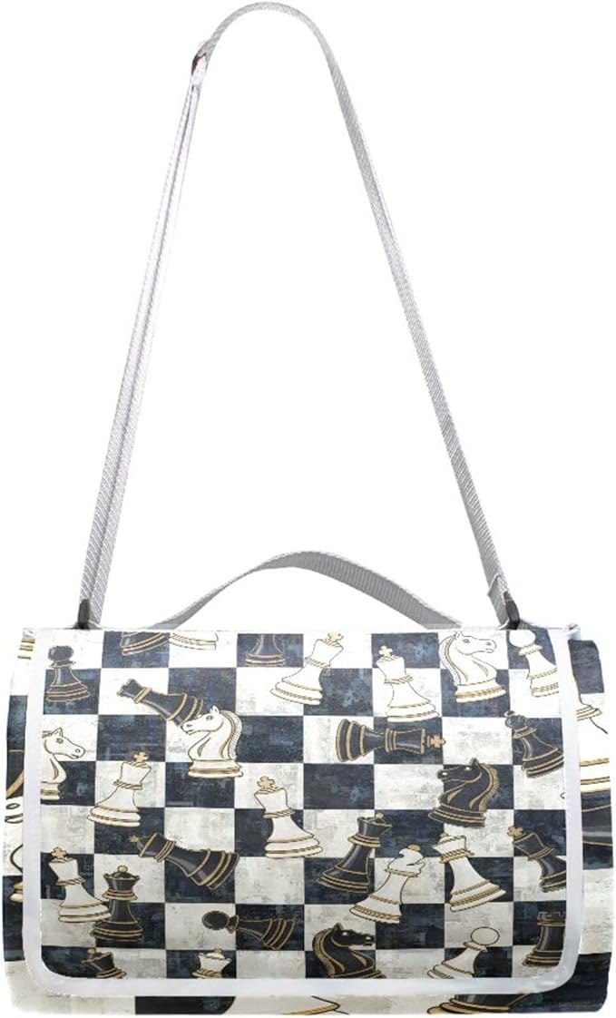 MNSRUU Picnic Blanket Waterproof Foldable Chess Black White Grid Large Outdoor Picnic Beach Camping Blanket Travel Mat Shoulder Strap Tote Rectangle 57x59in