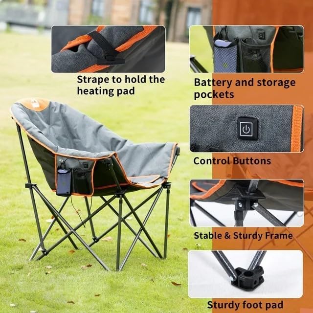 M8TRX Heated Camping and Club Chair Outdoor Portable Folding Chair Supports 350 LBS USB Charging Port Orange and Grey