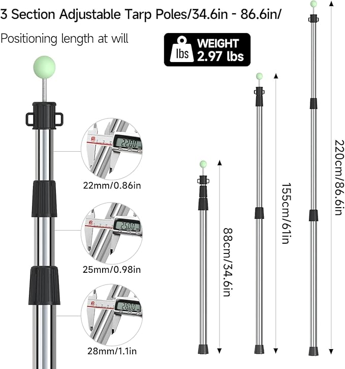 SANLIKE Stainless Steel Telescoping Tarp Poles 34-86.6 Heavy Duty Waterproof 22mm Thick 2.97 lbs for Canopy Awning Sun Shelter Backpacking Hiking Camping