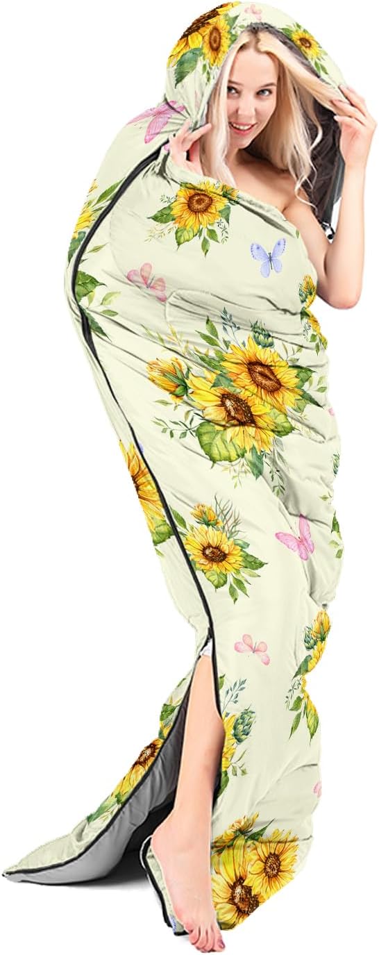 Sunflower Sleeping Bags for Adults KidsYellow Backpacking Camping Sleeping Bag for Girls Boys Lightweight Waterproof Cold/Warm Weather Sleeping Bag for All Season Outdoor Travel with Compression Bags