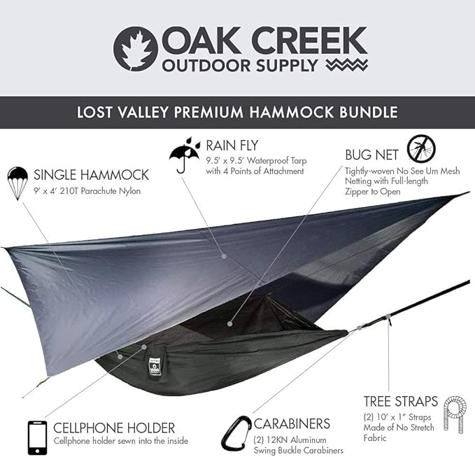 Oak Creek Camping Hammock and Accessories. Complete Package with Mosquito Bug Net Rain Fly Tree Straps. Great for Hiking Backpacking and Travel. Weighs Only 4 Pounds.