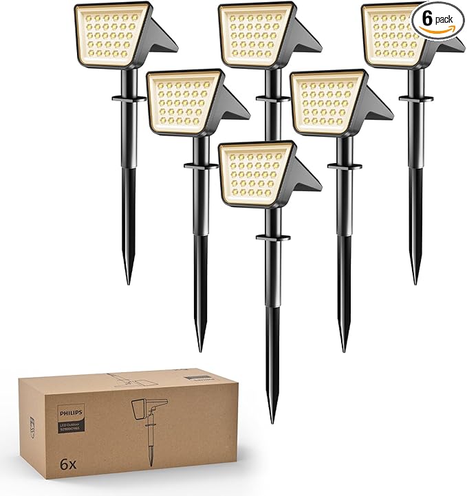 Philips 6 Packs Solar Spot Lights Outdoor Waterproof 28 LED 3000K Solar Powered Landscape Pathway Lights Dusk to Dawn Solar Spotlights for Garden Yard Lawn Walkway Driveway