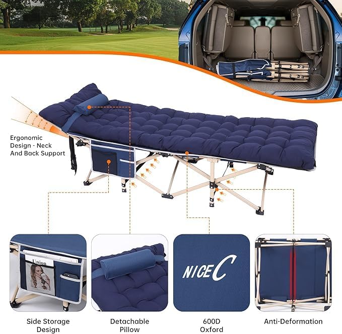 Nice C Heated Cot with Cushion Heated Camping Cots Folding Cots with Mattress for Adults with Pillow Carry Bag &amp Storage Pocket Extra Wide Sturdy Holds Up to 500 Lbs (2 Heated Mattress Navy