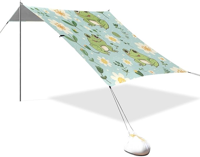 Cute Kawaii Frogs Beach Tent Sun Shelter 9.2' x 10.5' Beach Canopy with 4 Sandbags 4 Stability Poles Sand Shovels - Tent Canopy for Beach Camping Fishing Picnics