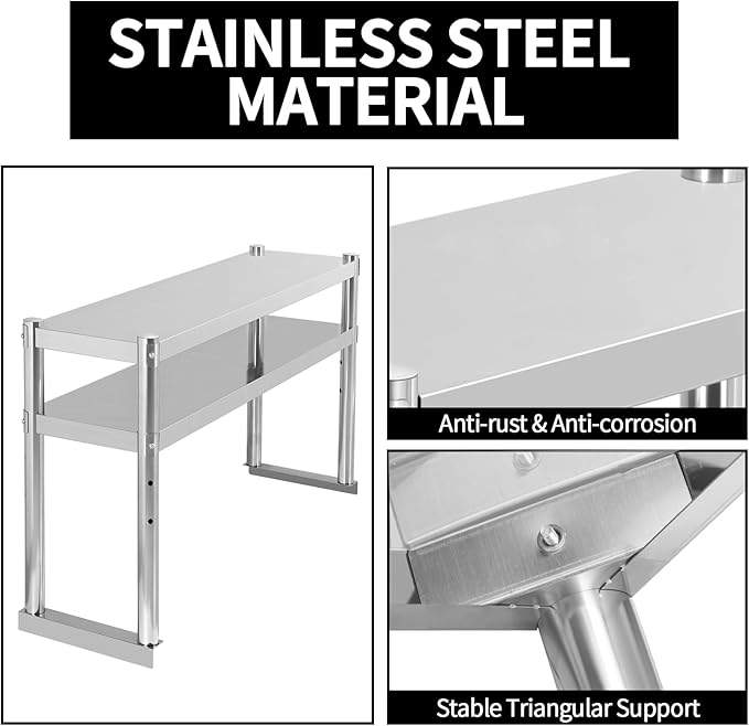 Stainless Steel Double Overshelf 48''L x 12''W Commercial 2 Tier Overshelf Height Adjustable Overshelf for Prep Work Table in Kitchen Restaurant