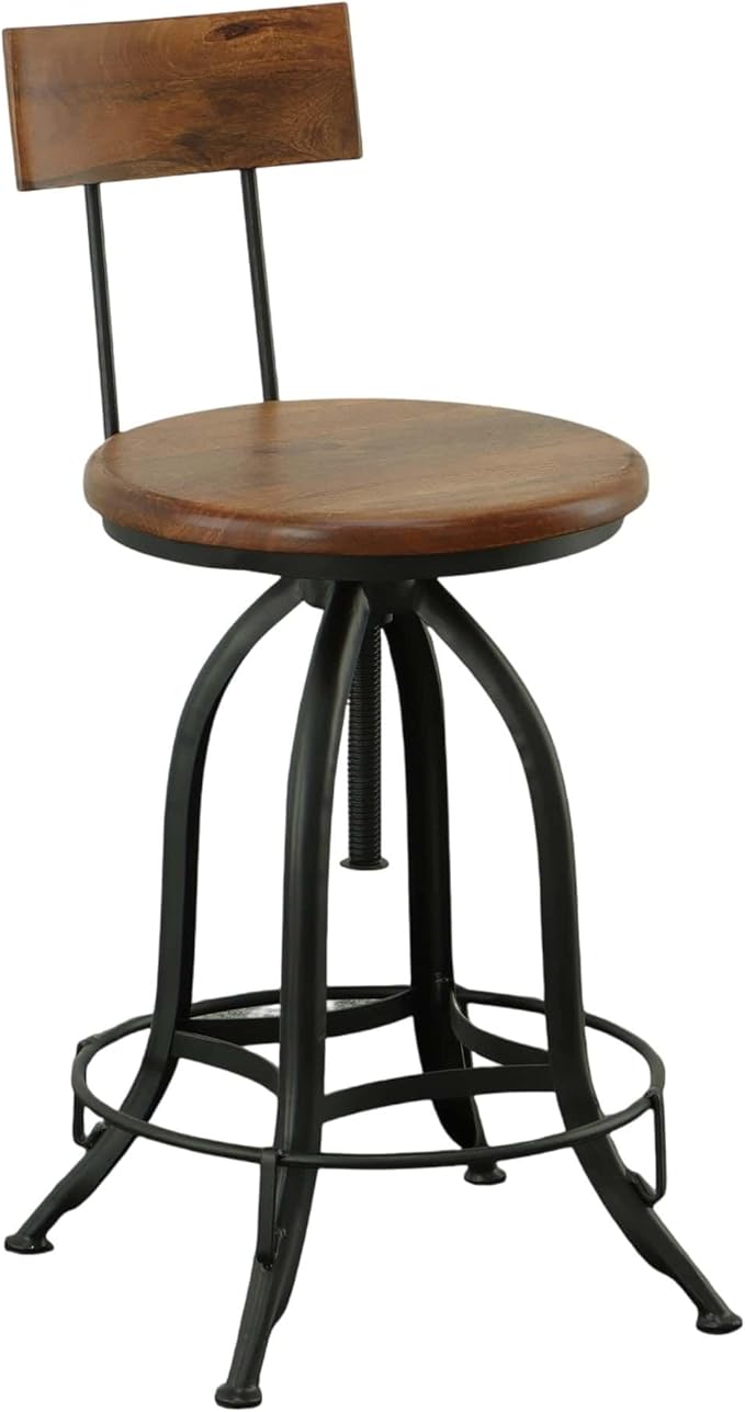 Carolina Chair &amp Table Ryder Adjustable Round Bar Stool - Powder Coated Metal Frame Solid Wood Seat Swivel Stool - Rustic Furniture for Counter Dining Room Kitchen (Chestnut/Black Curved Back)