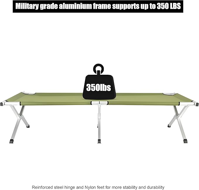 Portable Folding Camping Cot for Adults Heavy Duty Outdoor Sleeping Bed with 610D Oxford Cloth &amp Carry Bag Lightweight Aluminum Frame Supports 275lbs for Hiking Travel Office Nap (Green)