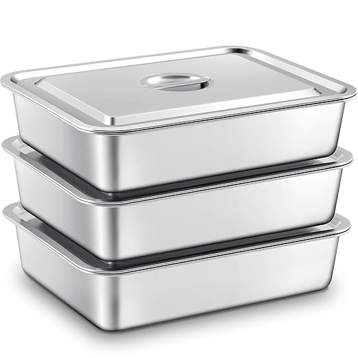 3 Pcs Stainless Steel Bus Tubs with Lid 13 L Commercial Tote Box 4 Deep Food Grade Meat Processing Tubs Lug Dishwashing Utility Prep Tub Table Pans Silver (17.7 x 13.7 Inch)