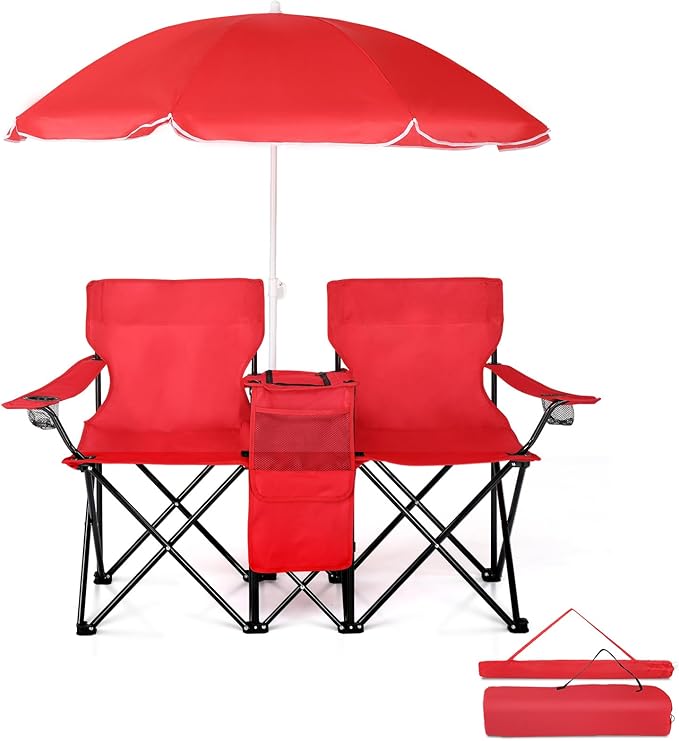 Double Camping Chair for AdultsPortable Outdoor 2-Seat Folding Beach Chair with Removable Sun Umbrella (Cup Holder+Cooler Bag+Mini Table) Support 360 LBS for Camping/Car Trunk/Lawn/Beach/Campfire Red