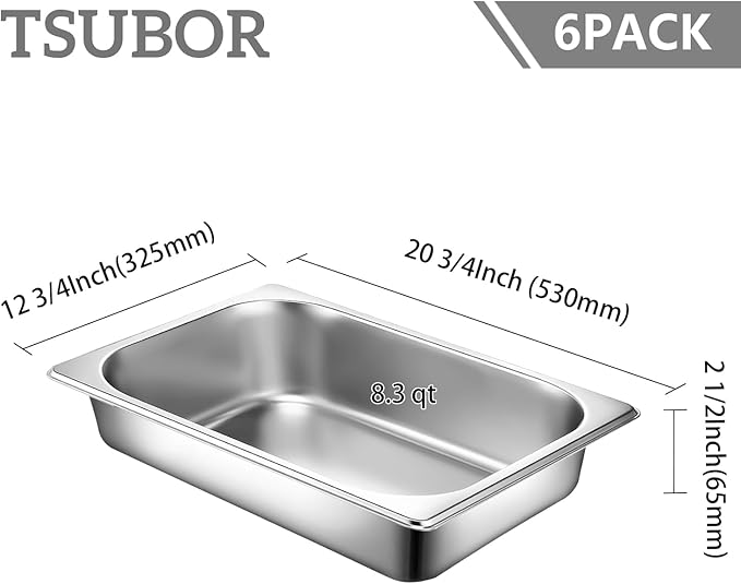 6 Set Stainless Steel Hotel Pans Full Size 2 1/2 Inch Deep With Lids Anti-Jam Chafing Steam Table Pans Catering Food Storage Metal Pan