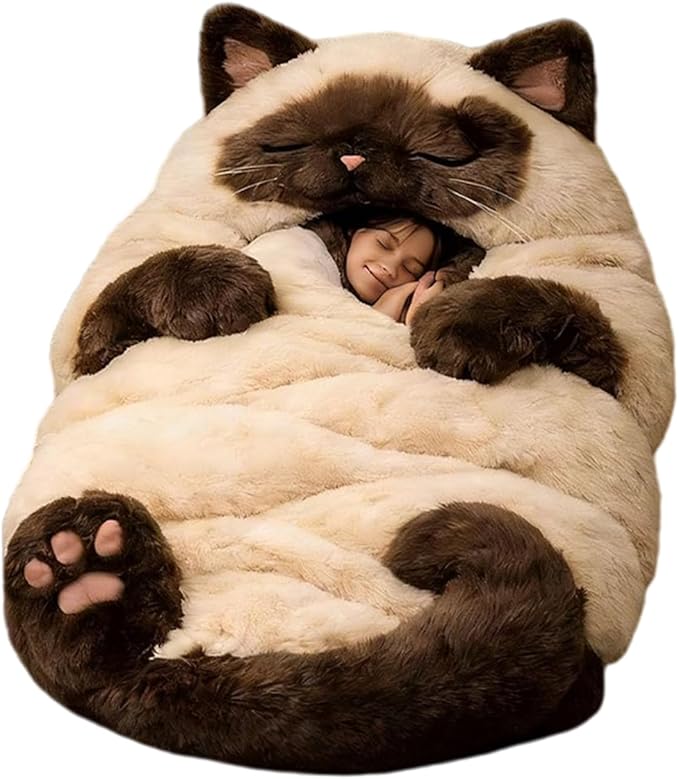 Plush Cat Print Envelope Sleeping Bag | Cat Sleeping Bags for Humans | Warm Cats Mummy Sleepings Bag with Soft Flannel Lining Self | Giant Plush Envelope Design Sleep Sack Cats Blanket for Humans