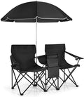 MAT EXPERT Folding Double Camp Chair w/Removable Umbrella Portable Picnic Chair w/Mini Table Chair Set w/Beverage Holder Portable Loveseat Camp Chairs for Beach Backyard Poolside (Black)