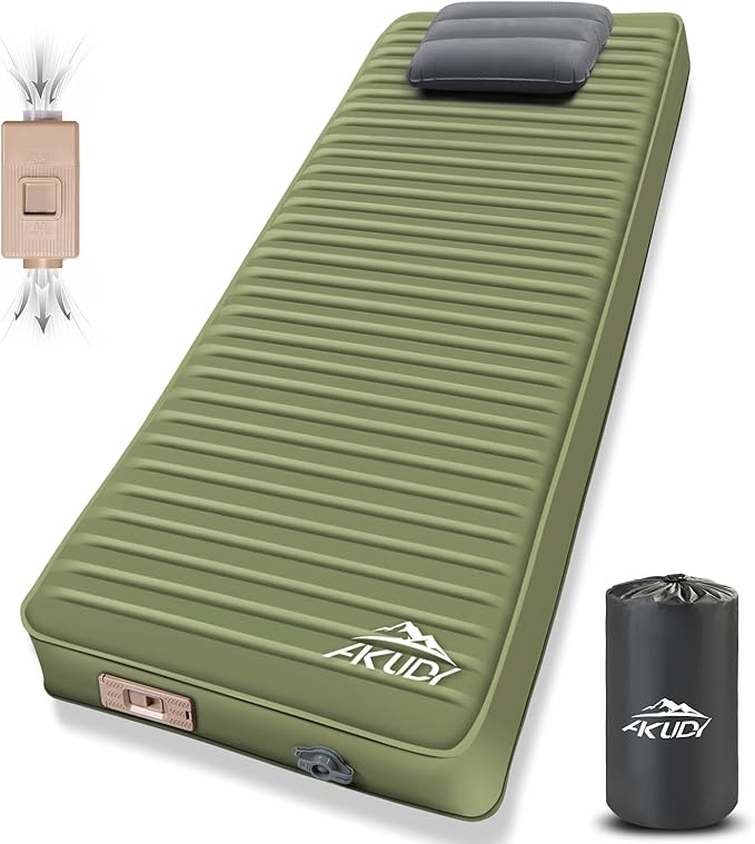 Self Inflating Sleeping Pad with Electric Pump 4 Ultra-Thick Memory Foam Camping Pad with Pillow 9.5 R-Value Insulated Camping Mattress Army Yellow