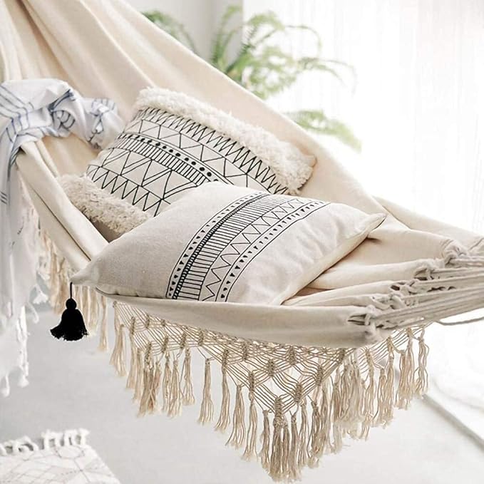 Deluxe Double Hammock Canvas Macrame Fringed Net Swing Chair Portable Hanging Swing Hammock for Camping Bedroom Garden Patio and Porch