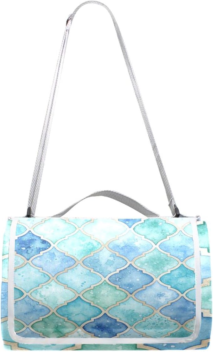 MNSRUU Picnic Blanket Waterproof Foldable Green and Blue Moroccan Large Outdoor Picnic Beach Camping Blanket Travel Mat Shoulder Strap Tote Rectangle 57x59in