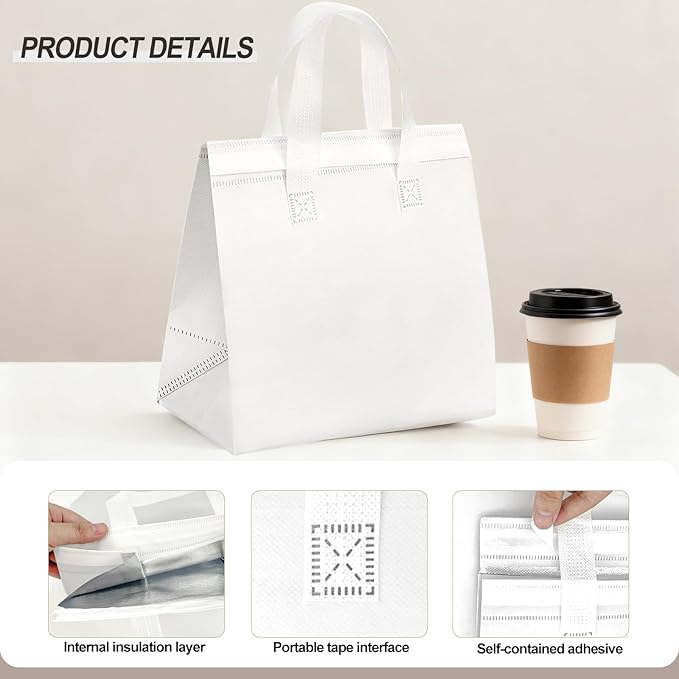 120 Pcs Insulated Take Out Bags Bulk in Thermal Insulation Lunch Bag for Hot Cold Food Coffee Milk Tea BBQ or Wedding Birthday Catering Restaurant Grocery Picnic Donation Gift Bag