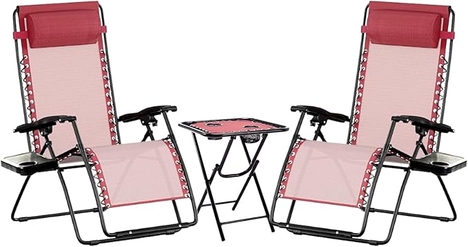 Set of 2 Zero Gravity Reclining Lounge Chairs – Folding Outdoor Chaise Loungers with Cup Holders &amp Side Tables for Patio Lawn Beach Camping Balcony Deck – Adjustable Anti Gravity Chairs Red