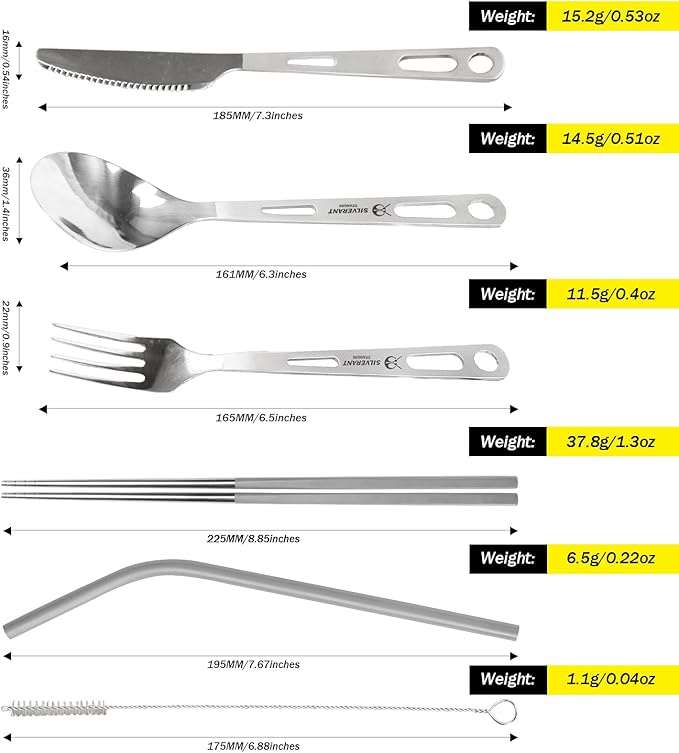 SILVERANT Titanium Camping Flatware Titanium Spork Spoon Chopsticks Knife Straw Cutlery Set PortableTableware for Lunch Box Outdoor &amp Hiking Comes with Drawstring Bag &amp Carabiner- Polished