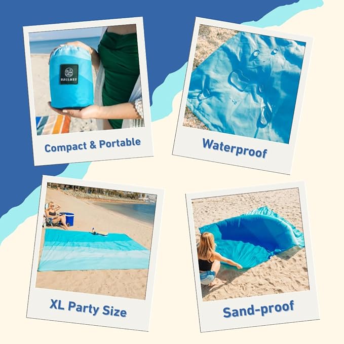 Ballast Beach Blanket – Sandproof &amp Waterproof Extra Large Beach Mat with Compact Case Quick Drying Soft &amp Durable with Stakes &amp Corner Pockets to Stay Put in Wind