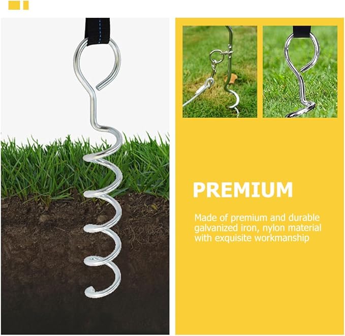 Toyvian Spiral Ground Anchor Tent Stakes Heavy Duty Steel Dog Tie-Out Stakes with Sturdy Webbing Set of 4 for Outdoor Camping and Pet Security