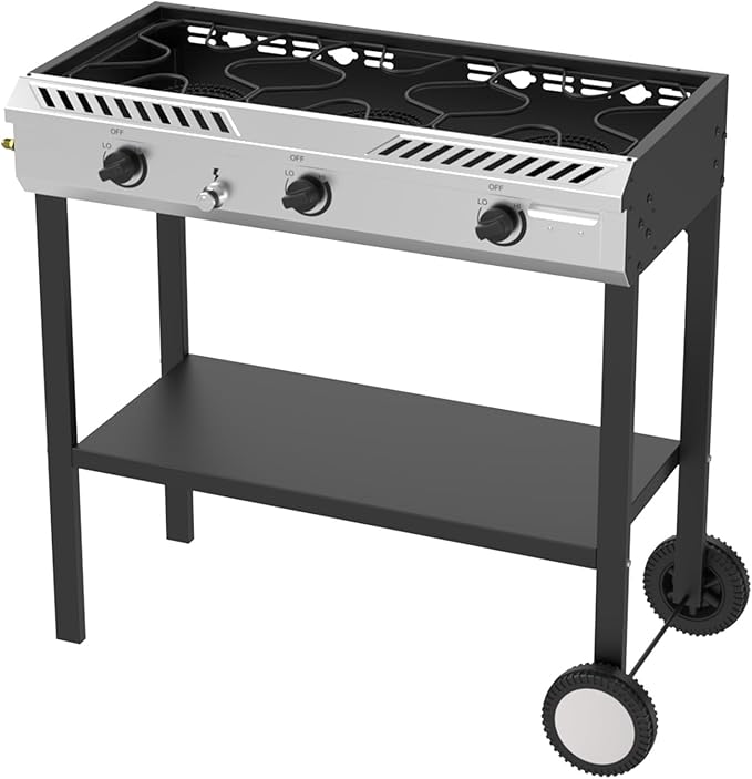 Bonnlo 3 Burner Propane Stove with Inginition 225000BTU Gas Stove with Storage Shelf and Portable Rolling Wheels Gas Burner for Outdoor Camping Patio Backyard Cooking Boiling Frying Stewing