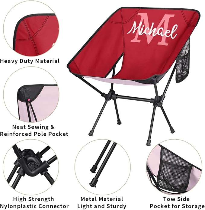 Custom Red Portable Camping Chair Personalized Backpacking Chair with Name Lightweight Foldable Chairs for Hiking Beach