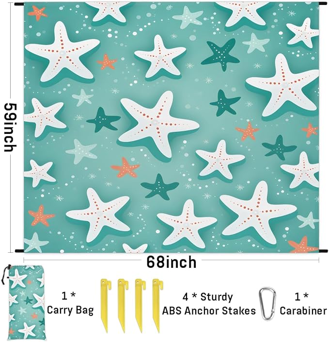 Waterproof Sandproof Beach Blanket 59''×68'' White Polyester Outdoor Picnic Blanket with 4 Stakes &amp Storage Bag for BeachCampingVacation Starfish