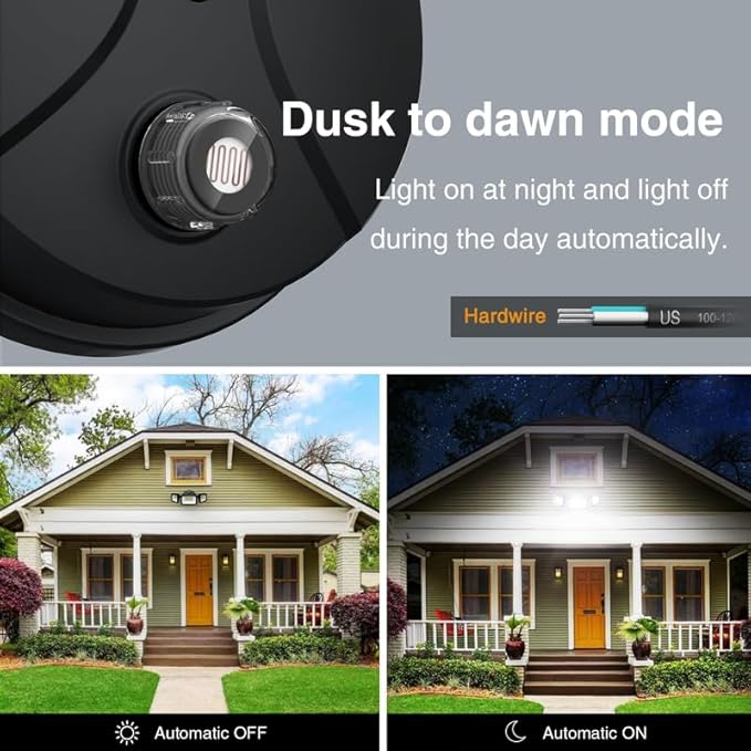 Onforu 60W LED Dusk to Dawn Outdoor Lighting2 Packs 6000LM Exterior Flood LightsIP65 Waterproof Outdoor 3 Adjustable Heads Photocell Black Lights Fixture6500K Daylight White Floodlights(Black)