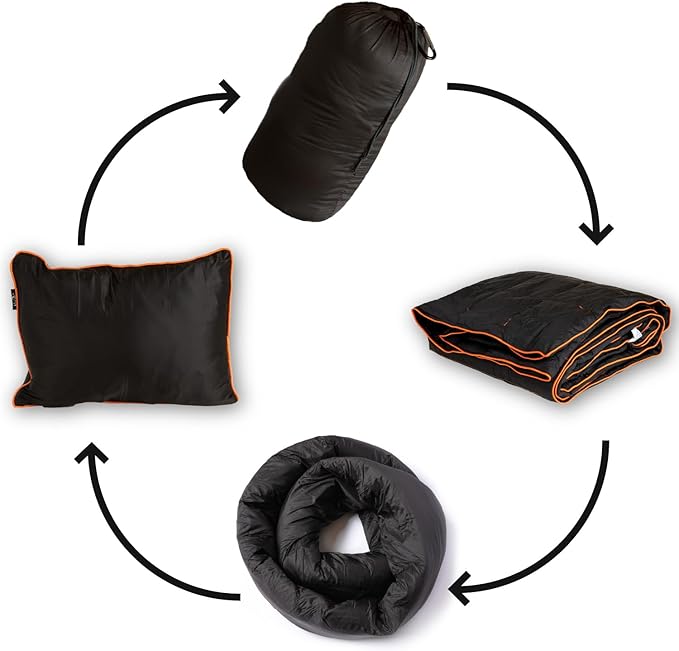NAPRO Travel Pillow &amp Camping Blanket 3 in 1 Ripstop Nylon Infinity Pillow &amp Square Travel Pillow Cases with 82 X 54 Synthetic Down Filled Blanket/Poncho/Pillow Fill Adventure Black/Orang
