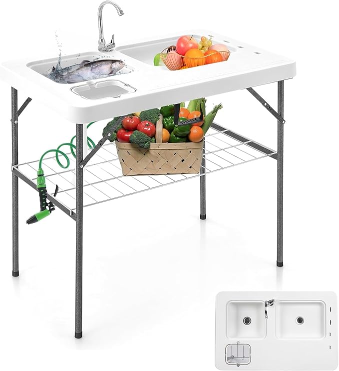 VINGLI Folding Fish Cleaning Table with 2 Sink Outdoor Portable Camping Table with Grid Rack &amp Sprayer Cutting Table with Drainage Hose Stainless Steel Faucet for Patio Backyard BBQ