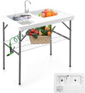 VINGLI Folding Fish Cleaning Table with 2 Sink Outdoor Portable Camping Table with Grid Rack &amp Sprayer Cutting Table with Drainage Hose Stainless Steel Faucet for Patio Backyard BBQ