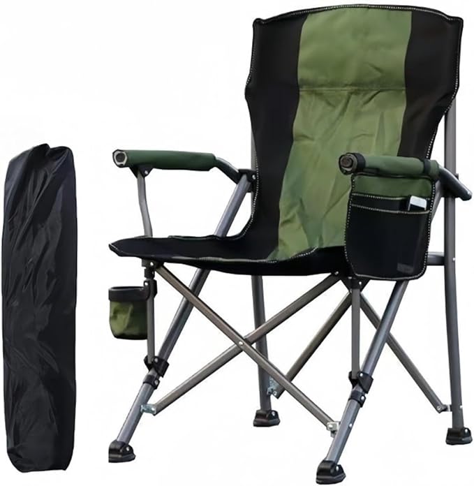PETRELS Outdoor Folding Chair Outdoor Iarge Fishing Chair Aluminum Folding Camping Chair Portable Large Size High Back Chair with Arm Rest Cup Holder(Green)