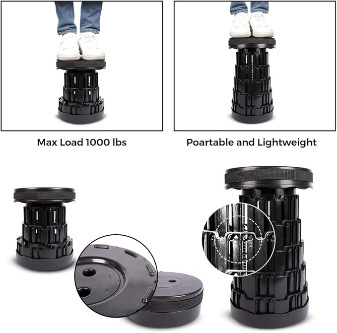 Upgraded Collapsible Stool – Easy to Carry retractable Stool - Lightweight telescoping stool for Camping &amp BBQ –Sturdy Portable Stool - Slip Resistant Telescopic Stool with Max Load Capacity 1000l