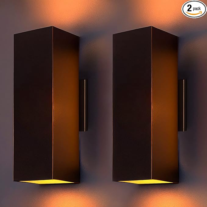 wowlite Modern Up Down Wall Lights Outdoor Dusk to Dawn Photocell Sensor LED Outdoor Wall Lighting IP65 Waterproof Bronze Porch Lantern 13 Square Wall Sconce for House Garden Entrance 2 Pack