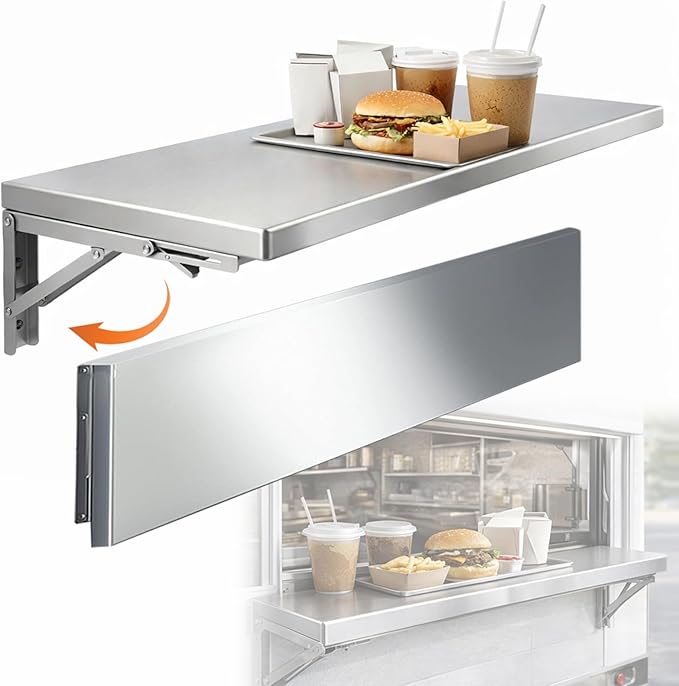 Folding Concession Shelf 36 x 12 Inch Stainless Steel Drop Down Serving Shelf Wall Mounted Folding Shelf for Food Truck Window &amp Concession Stand