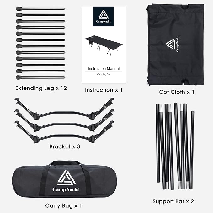 CAMPNACHT Ultralight Camping Cot with Leg Extenders Aluminum Lightweight Folding Cot for Adults Portable Backpacking Compact Tent Cot for Outdoor Hiking 1 Pack with 2 Use Modes Black