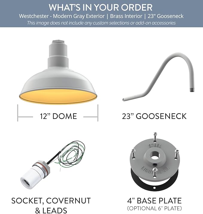 Steel Lighting Co. Westchester Barn Light | Outdoor Wall Mounted | 12 inch Dome | 23 Gooseneck | Warehouse Steel Light Made in America | Modern Gray Exterior/Brass Interior